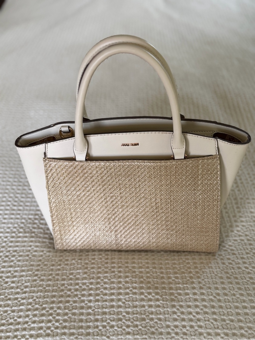 Anne Klein Ivory Woven Satchel Tote Bag Gold Hardware Cream